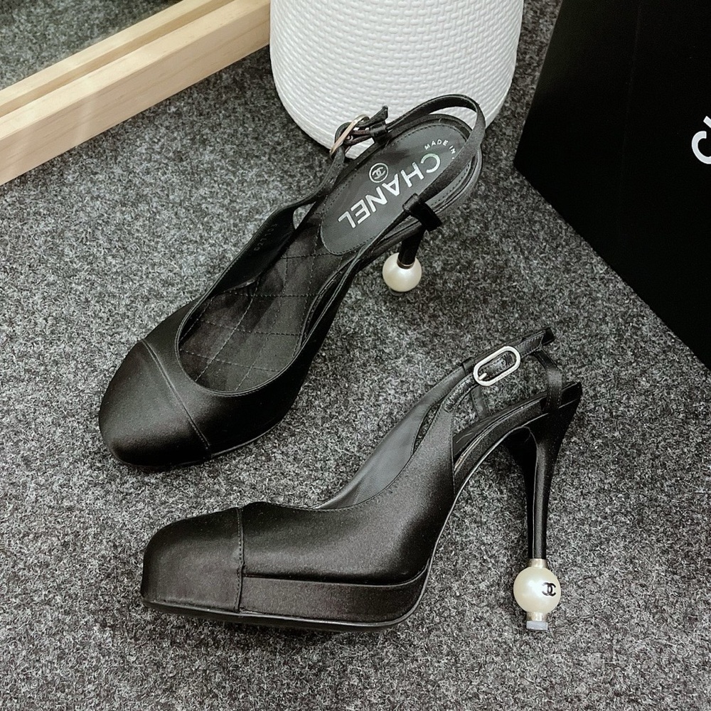 CHANEL Black Satin Cap Toe Slingback Pearl Heel Pumps